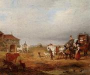 An open landscape with a horse and carriage halted beside a pond,with anmals and innnearby unknow artist